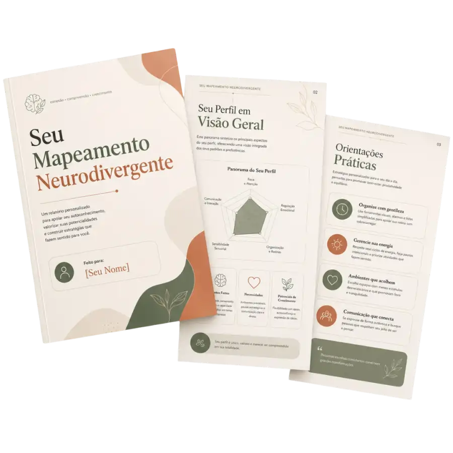 Prévia do relatório personalizado do Mapeamento Neurodivergente com páginas do PDF